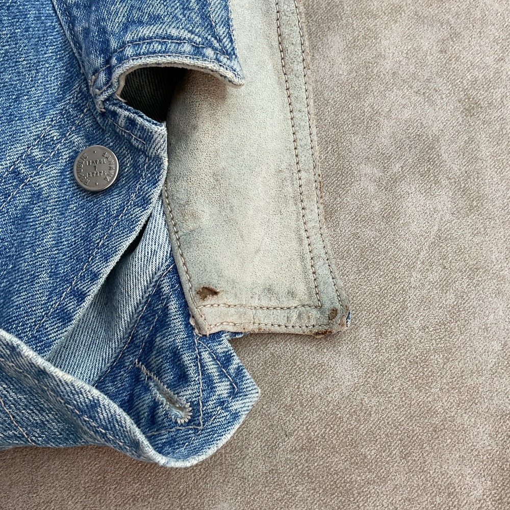 VTG Banana Republic‎ Safari Travel Jean Jacket 90s Denim Leather Trim Trucker L - Picture 10 of 16